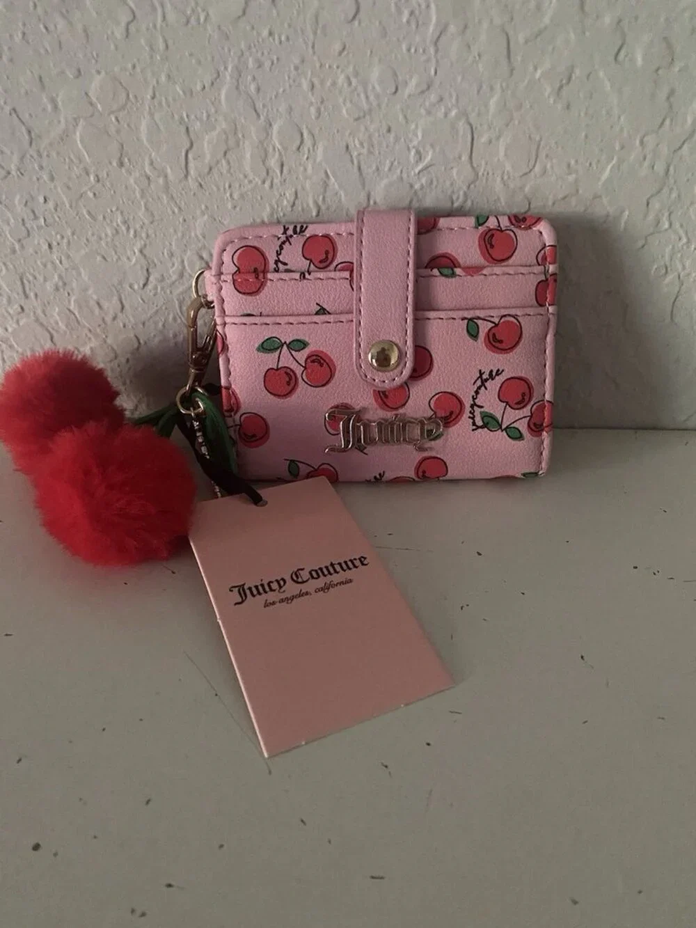 Juicy Couture Cherry Girl CC Wallet W/Back Window Flamingo  W/Charm Pom Pom NEW